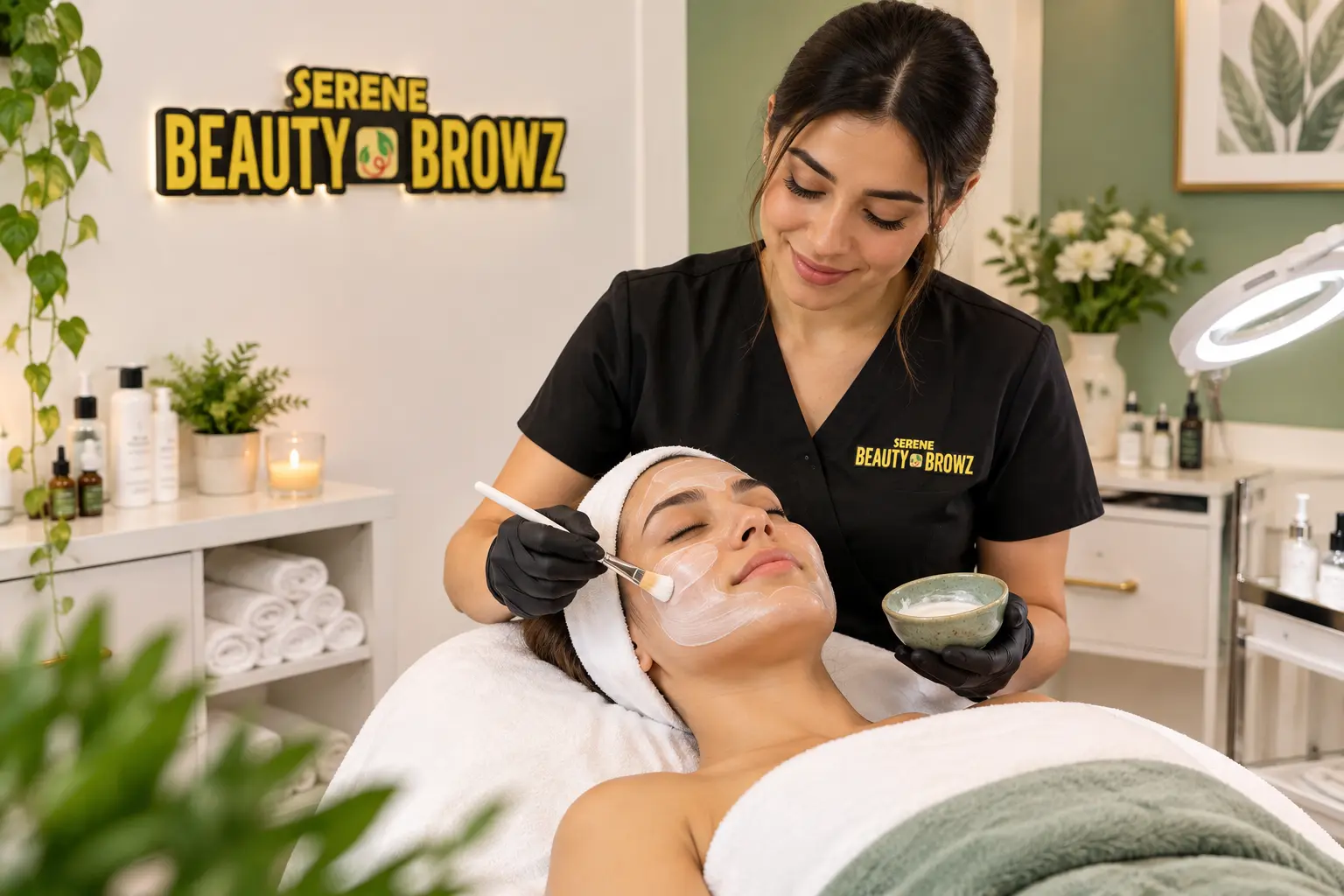  Esthetician performing a facial treatment in a calm spa room at Serene Beauty & Browz